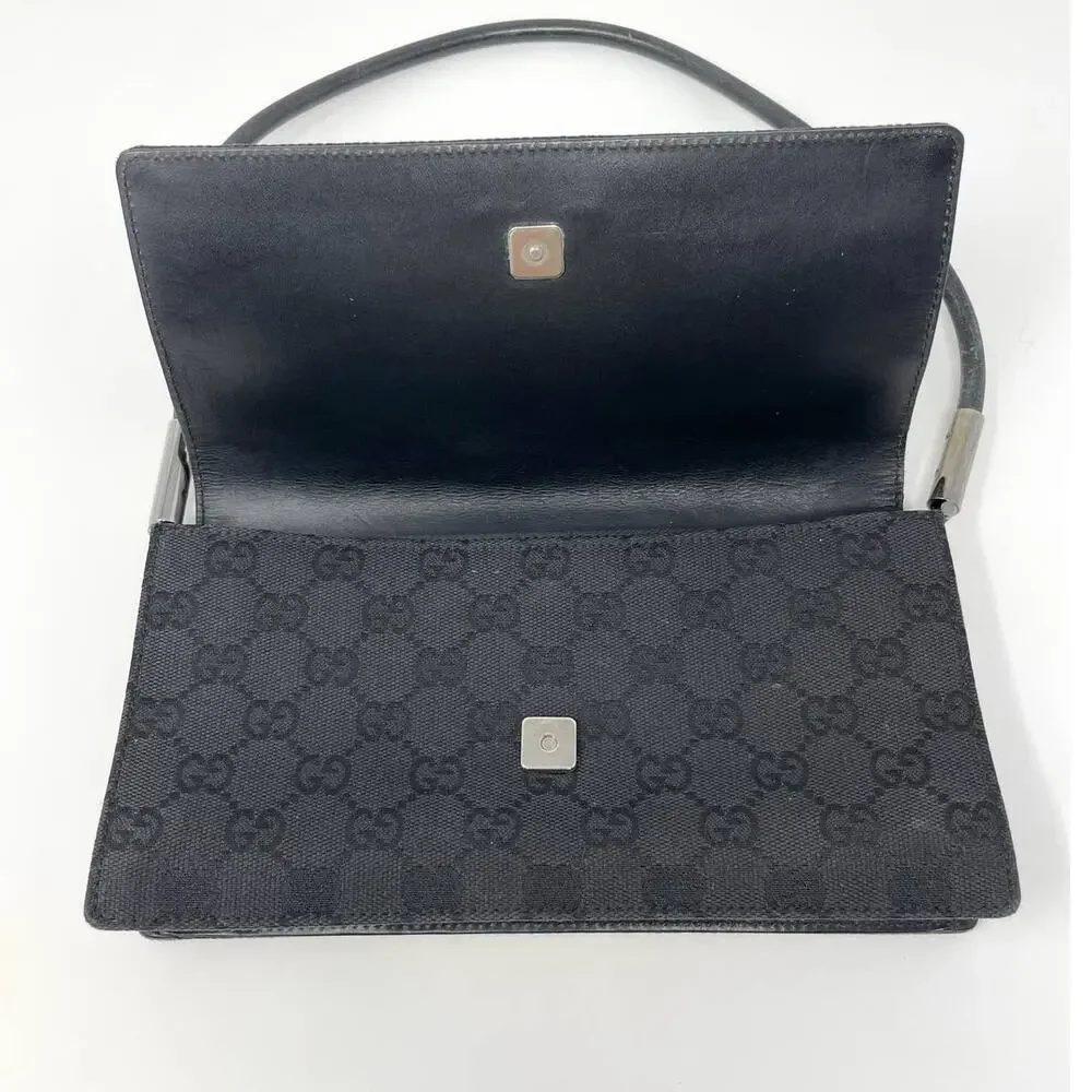 Gucci Vintage Monogram GG Flap Shoulder Bag Baguette Canvas Leather Black Silver - Picture 7 of 17